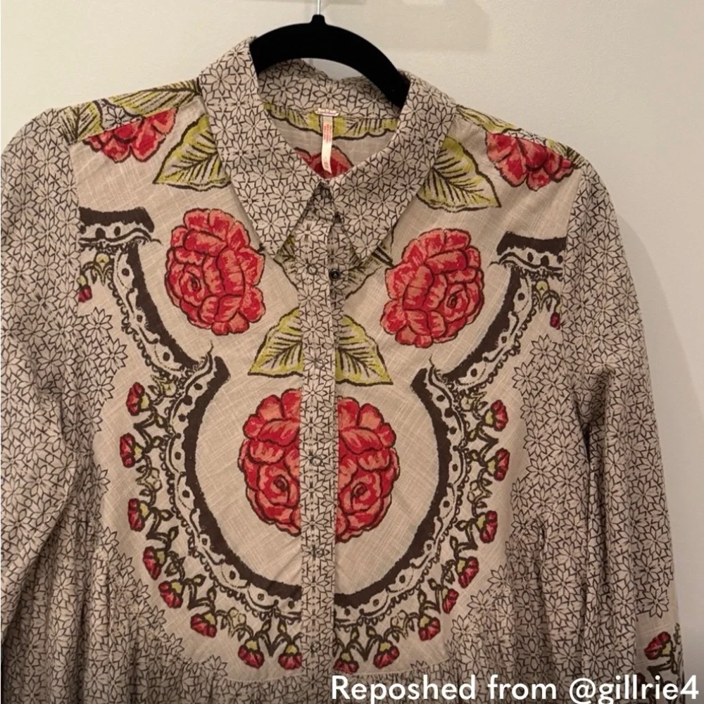 Free People Long Sleeve Dress with Red and Green Floral Pattern - Picture 2 of 6